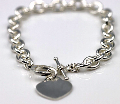 Genuine 925 Sterling Silver Cable Bracelet with T Bar and Heart