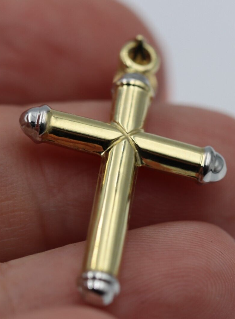 Genuine Hollow 14ct 14K Yellow + White Gold Cross Pendant - Free express post oz