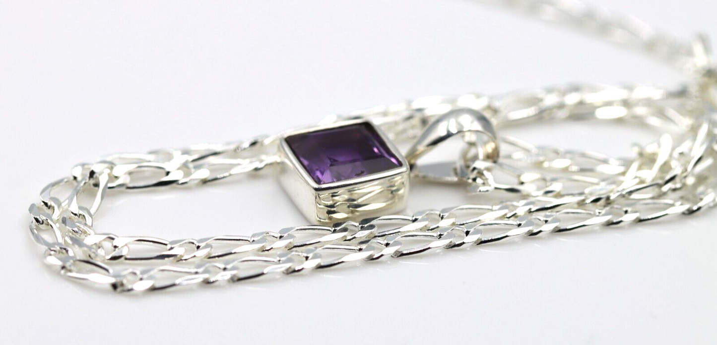 Sterling Silver Square Bezel Set Natural Amethyst Pendant + Necklace