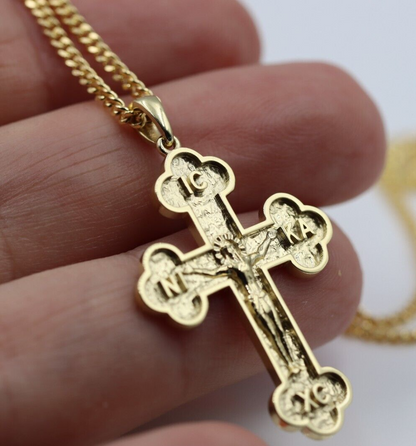 Genuine 18ct 18kt 750 Yellow Gold Byzantine Cross + 55cm Necklace