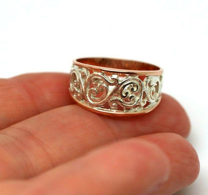 Size Q New Genuine Sterling Silver & 9ct Rose Gold Rims Filigree Swirl Ring