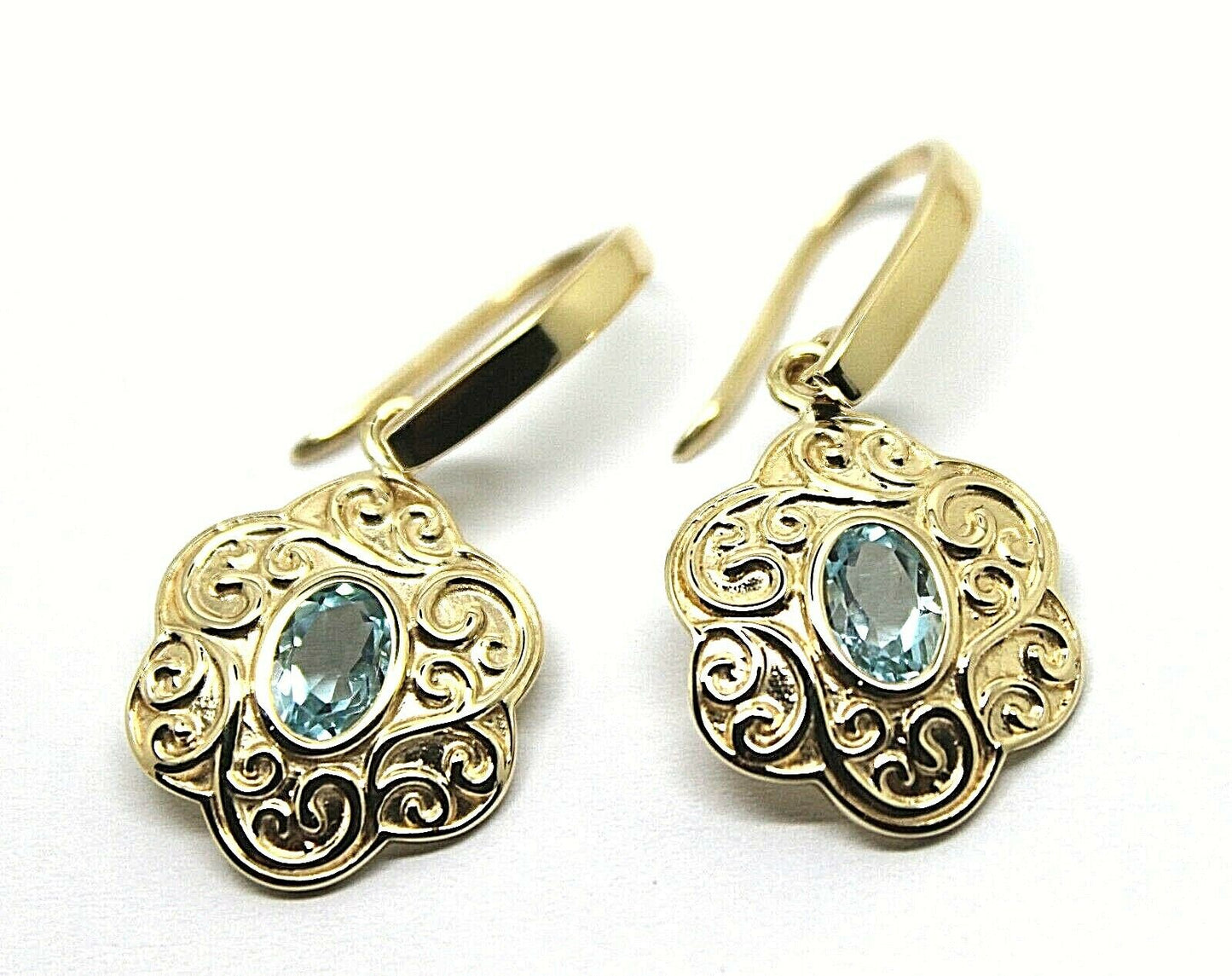 Genuine Heavy 9ct Solid Yellow, Rose or White Gold Antique Aquamarine Filigree Drop Earrings