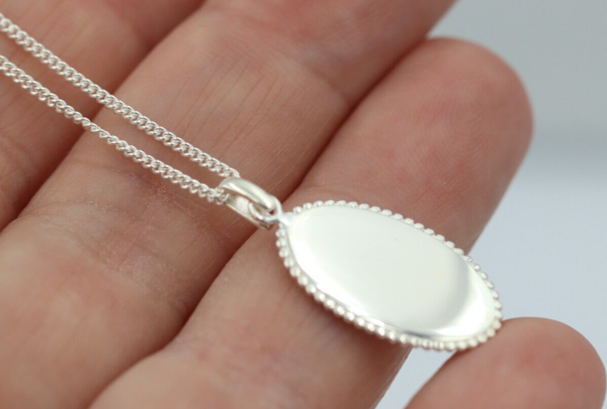 Sterling Silver Oval Disc Pendant Engraving Available + Kerb Chain with 45cm + 5cm extender