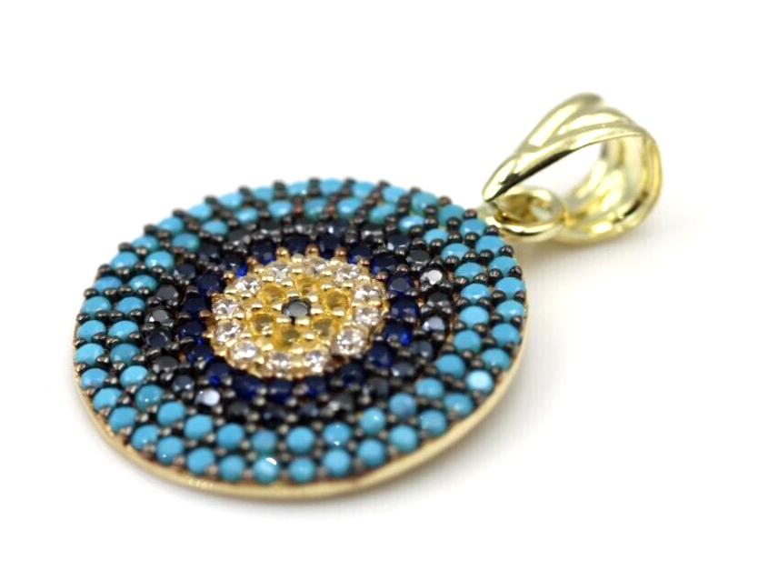 Genuine 14ct Yellow Gold CZ Round Evil Eye Turquoise Pendant -Free post