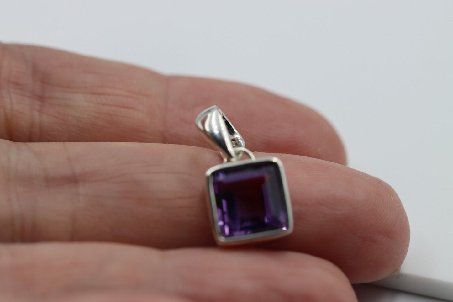 Sterling Silver Square Bezel Set Natural Amethyst Pendant /Charm