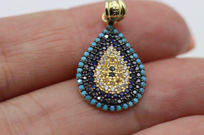 Genuine 14ct Yellow Gold CZ Teardrop Evil Eye Turquoise Pendant -Free post