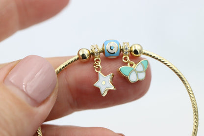 Genuine 14ct Yellow Gold Baby Bangle Charms, Star, Butterfly, Eye