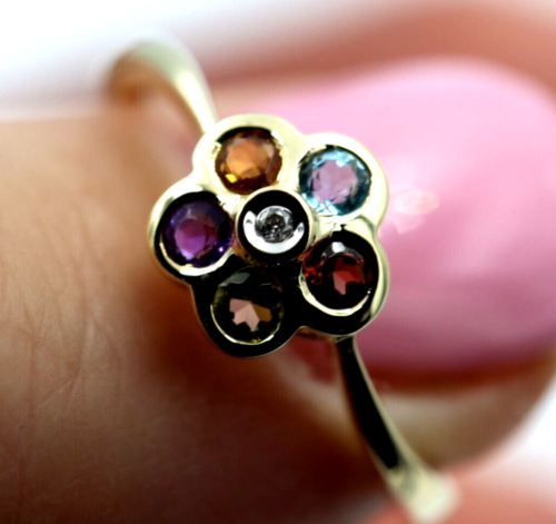 Genuine 9ct Yellow Gold Diamond & Multicoloured Flower Ring - Last one - Free post