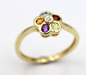 Genuine 9ct Yellow Gold Diamond & Multicoloured Flower Ring - Last one - Free post