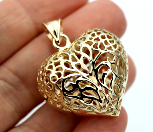 Kaedesigns, Genuine 9ct 9kt Large Yellow, Rose or White Gold Filigree Bubble Heart Pendant