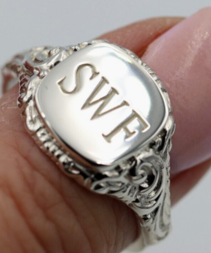 Size W Genuine Solid Sterling Silver Square Engraved Signet Ring + Engraving