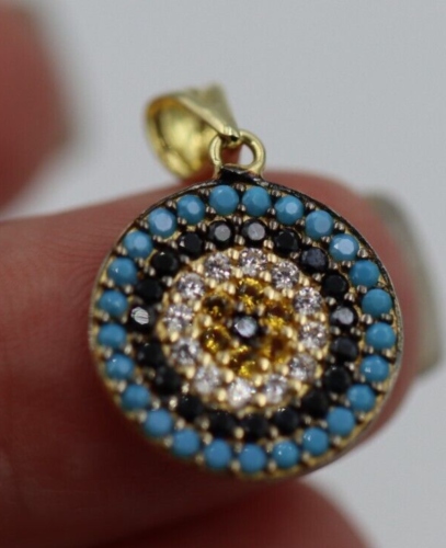 Genuine 14ct Yellow Gold Cubic Zirconia Greek Mati Round Evil Eye Turquoise Pendant