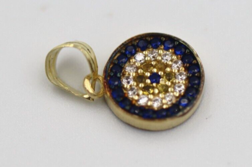 Genuine 14ct Yellow Gold CZ Small Round Greek Mati Evil Eye Turquoise Pendant Reversible