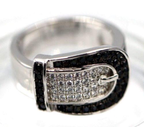 Size N Sterling Silver Black + Clear Cubic Zirconia Buckle Ring- Free post