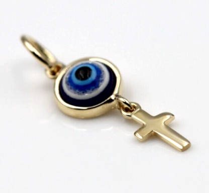 Genuine 9ct Yellow, Rose or White Gold Greek Mati Nazar Lucky Evil Eye + Cross Charm or Pendant