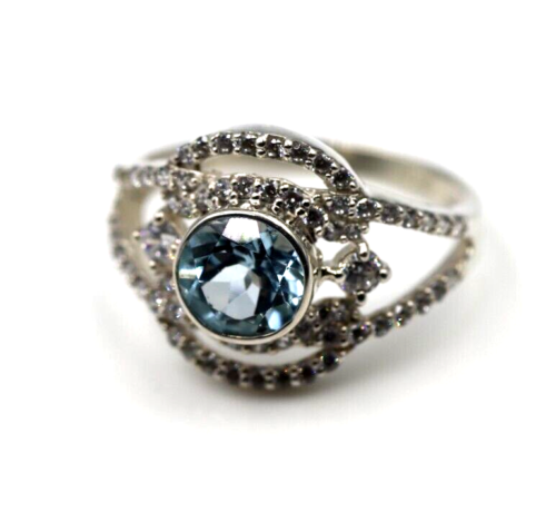 Size S Genuine Sterling Silver Fancy Blue Topaz CZ Ring