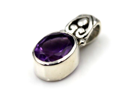 Sterling Silver Oval Bezel Set Natural Amethyst Pendant /Charm