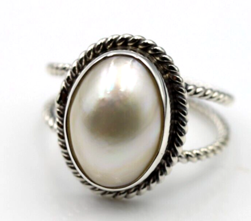 Size N Sterling Silver 925 Oval Mabe Pearl Rope Ring