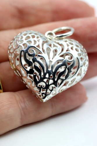 Genuine New Sterling Silver Huge Heavy Large Filigree Heart Pendant