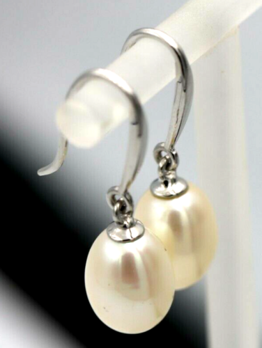 Genuine New 18ct White Gold 12x9mm Oval Freshwater Pearl Hook Earrings