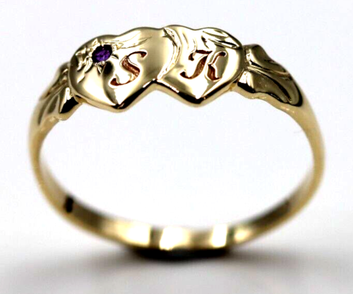 Genuine 9ct Yellow Gold Double Heart Yellow Purple Amethyst February Birthstone Signet Ring In your size + Engraving