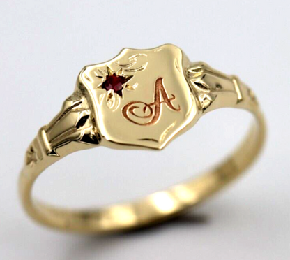 Genuine 9ct Small Yellow, Rose or White Gold Childs Ruby Shield Signet Ring + engraving of 1 initial