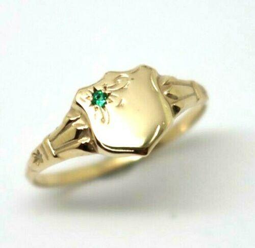 Size S  /  9 1/8  Genuine 9ct Small Yellow, Rose or White Gold Childs Emerald Shield Signet Ring