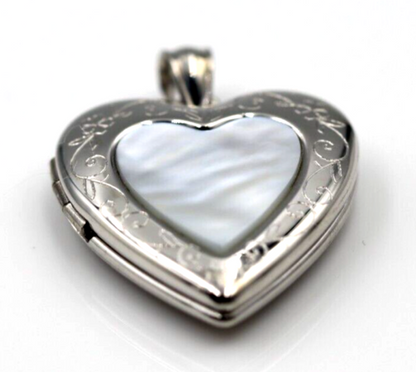 Sterling Silver Mother of Pearl Heart Pendant Locket for 2 pictures