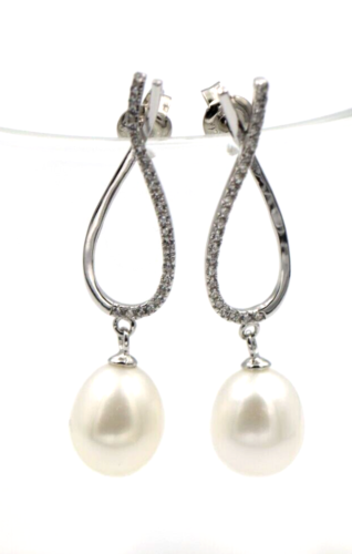 Sterling Silver 925 Freshwater Oval CZ White Pearl Ball Earrings