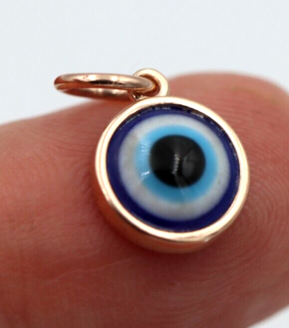 Genuine 9ct Yellow, Rose or White Gold Greek 9mm Mati Nazar Lucky Evil Eye Charm or Pendant