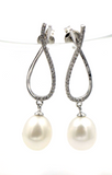 Sterling Silver Freshwater Oval CZ White Pearl Ball Earrings