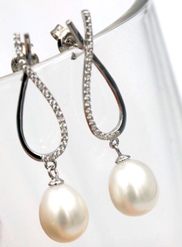 Sterling Silver 925 Freshwater Oval CZ White Pearl Ball Earrings