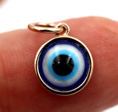 Genuine 9ct Yellow, Rose or White Gold Greek 9mm Mati Nazar Lucky Evil Eye Charm or Pendant