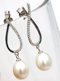 Sterling Silver Freshwater Oval CZ White Pearl Ball Earrings