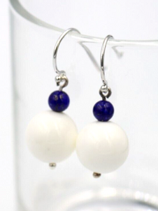 Genuine Sterling Silver Lapis / White Agate Ball Hook Earrings