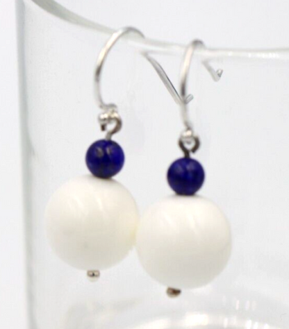 Genuine Sterling Silver Lapis / White Agate Ball Hook Earrings