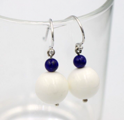 Genuine Sterling Silver Lapis / White Agate Ball Hook Earrings