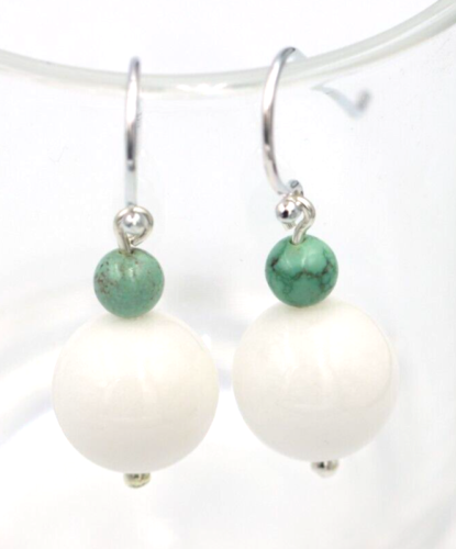 Sterling Silver 925 Turquoise / White Agate Ball Hook Earrings