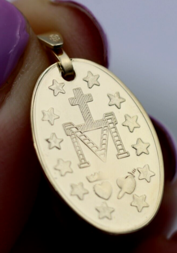 Genuine 9ct 9k Yellow Gold Miraculous Mary Medallion Religious Pendant