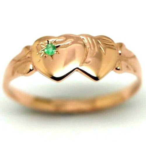 Genuine 9ct Yellow, Rose or White Gold Double Heart Green Emerald Signet Ring May birthstone