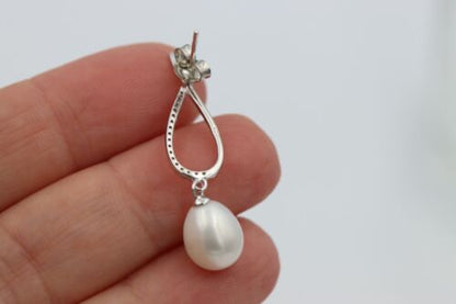 Sterling Silver 925 Freshwater Oval CZ White Pearl Ball Earrings