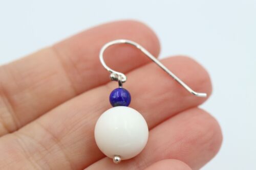 Genuine Sterling Silver Lapis / White Agate Ball Hook Earrings