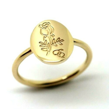 Genuine Size 3.5 / G 1/4 9ct yellow, Rose or White gold oval signet ring with rose and initial