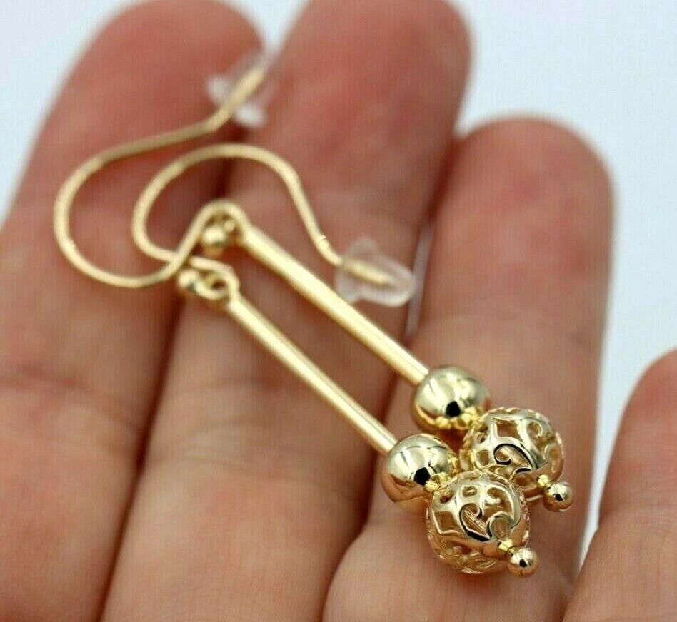 Genuine 9ct 9kt Yellow, Rose or White Gold Spinning 6mm Plain + 8mm Filigree Ball 50mm Drop Earrings