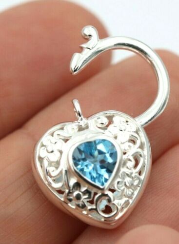 Sterling Silver Filigree Natural Blue Topaz Filigree Heart Padlock 15mm