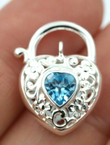 Sterling Silver Filigree Natural Blue Topaz Filigree Heart Padlock 15mm