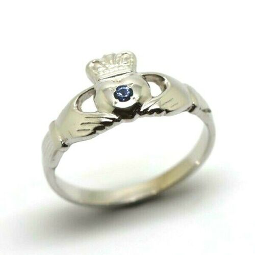 Size P Genuine 9ct White Gold Ceylon Sapphire (Birthstone Of September) Claddagh Ring