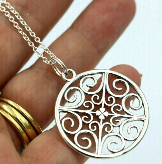 Sterling Silver Filigree Scroll Clover Pendant 55cm Belcher Necklace